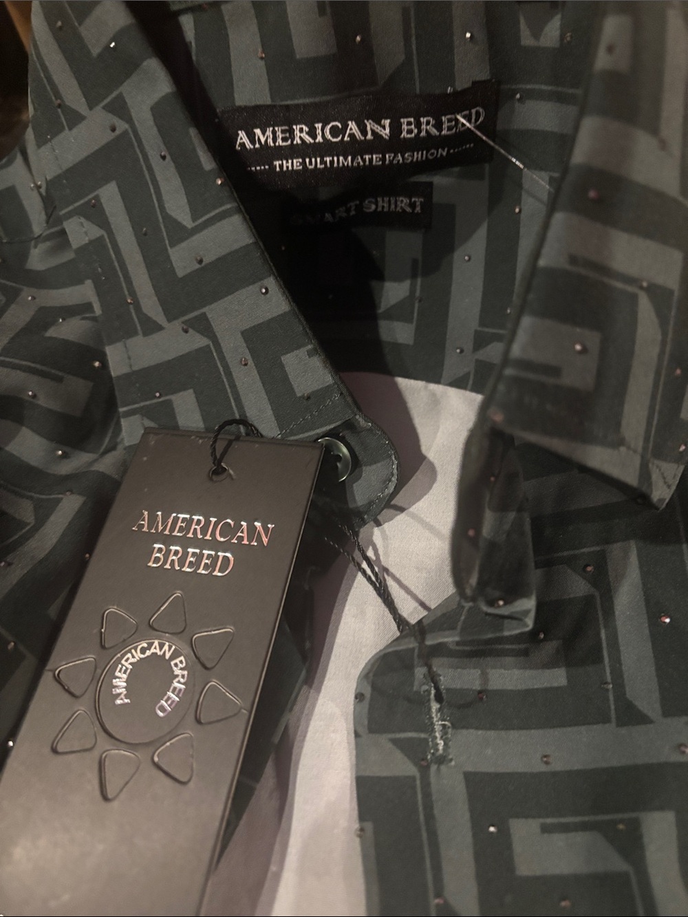American breed Men’s Dark Green Geometric Button-Up Shirt with rhinestone sz sm